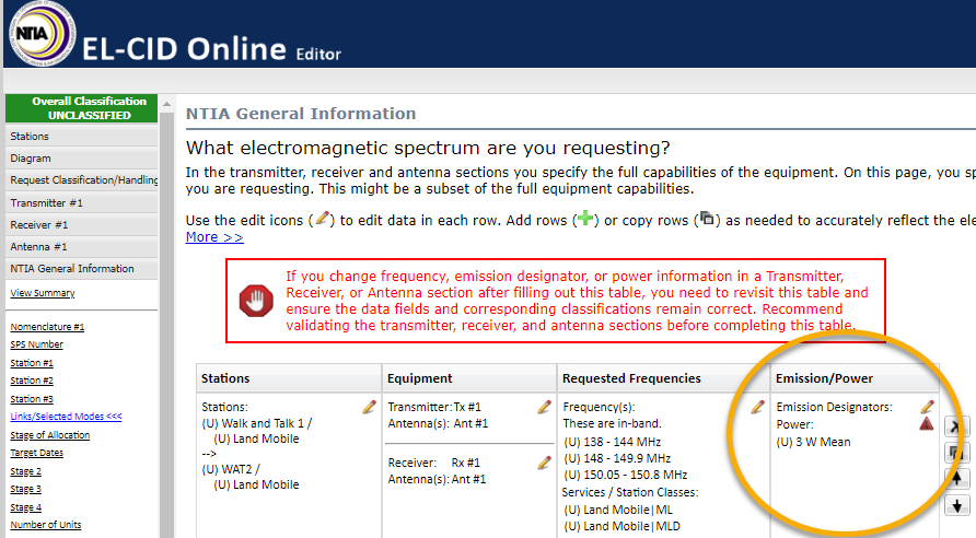 Emissions Designator Location within Requested Frequencies